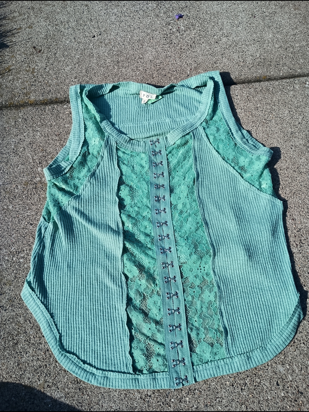POL Teal Lace-Front Ribbed Tank Top